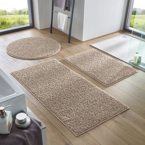 Waschbarer Shaggy | Ideal auch als Badematte | Wohnzimmer Badezimmer Küche Flur Läufer | Beige Rund